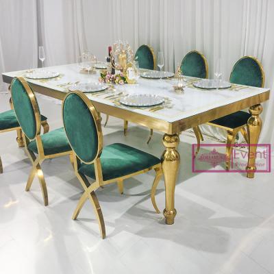 China (Other) Rectangle Marble Wedding Adjustable Gold Frame Stainless Steel Banquet Dining Tables And Chairs Set for sale