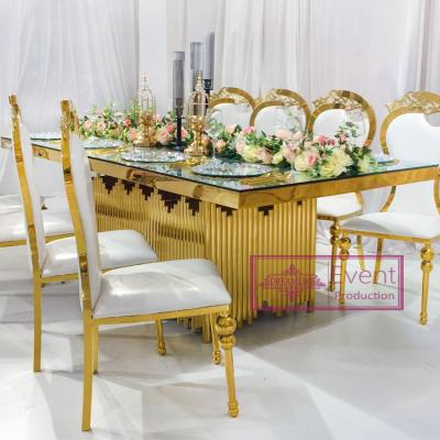 China Adjustable (Other) Wedding Furniture Metal Rectangle Gold Stainless Steel Glass Dining Tables Set for sale