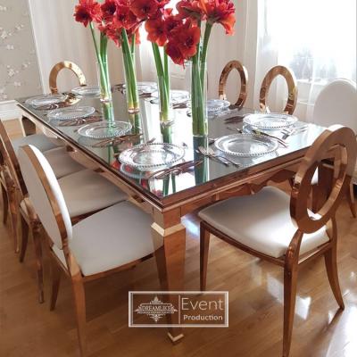 China (Other) Gold mirror glass 12 person adjustable rectangle dining table with chairs for banquet for sale