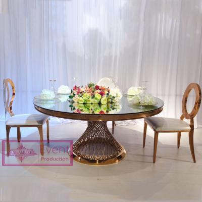 China Event / MDF Chandelier Hotel / Foshan Banquet / Wedding Gold Wedding Round Top Metal Base Table For 8 Seaters for sale