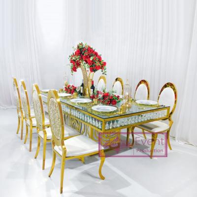 China Modern Stainless Steel Frame Decor Tempered Glass Crystal Event Tables For Weddings for sale