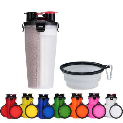 China New Automatic Wholesale Custom 2 in 1 Portable Dog Food Feeder Water Bottle with Two Collapsible Bowl for sale