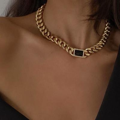 China CLASSIC Fashion Brass 18K Gold Plated Black Agate Stone Cuban Necklace For Women for sale