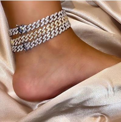 China Long Color Keeping Wholesale 9MM 9inch 10inch 14K Gold Hiphop Anklet Bracelet Custom Bling Plated Brass Cuban Link Anklet for sale