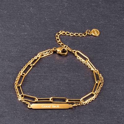 China TRENDY Fashion Stainless Steel Jewelry 18K Gold Plated Double Long Good Luck Card Chain Bracelet for sale