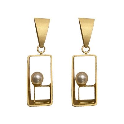 China TRENDY Retro Fashion Irregular Shape Geometric Square Alloy Inlaid Big Pearl Earrings for sale