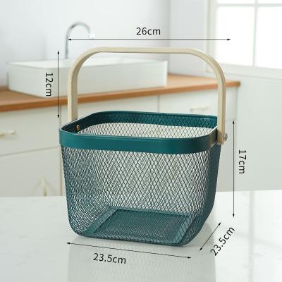 China Green Bamboo Iron Storage Basket 24*24cm Metal Basket Wooden Handle for sale