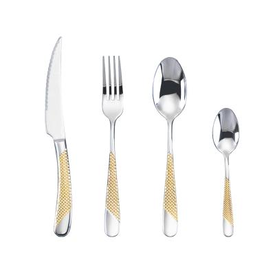 China 2021 4 PCS Wholesale Disposable Luxury Mirror Polished Gold Embossed Handle 304 Knife Spoon Fork Teaspoon Stainless Steel Cutlery Set for sale