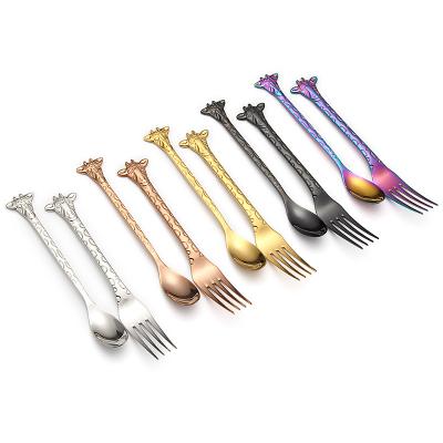 China Sustainable Titanium Giraffe Stainless Mini Coffee Spoon and Fork Set for sale