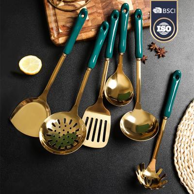 China Luxury Dark Green Gold Stocked Cooking Tool Kit Ceramic Handle Cookware Set Kitchenware Set for sale