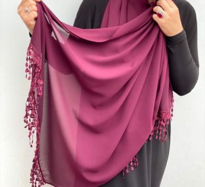 China Newest Latest Scarf 2021 Design Hollowed Out Lace Chiffon Scarf Muslim Women's Scarf Fashion Elegant Headscarf for sale