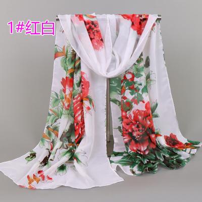 China Hot Selling Newest Fashion Chiffon Scarf Chinese Flower Peony Printing Long Silk Scarf Thin Chiffon Printing Shawl Hijabs for sale