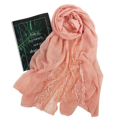 China Newest Cotton Pure Cotton Lace Nail Scarf Solid Color Cotton Nail Scarf Muslim Pearl Shawl Pearl Shawl for sale