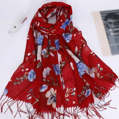 China Newest Wholesale Tassel Printed Women's Scarf Digital Printed Canvas 65*195cm Malaysian Cotton Breathable Rayon Scarf for sale