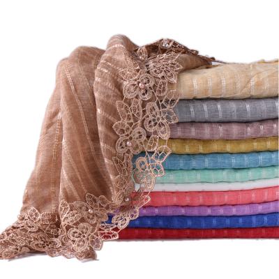 China Newest fashion pleated lace nail pearl scarf malaysia nail pearl scarf cotton canvas lace scarf by monochrome stripe wholesale for sale