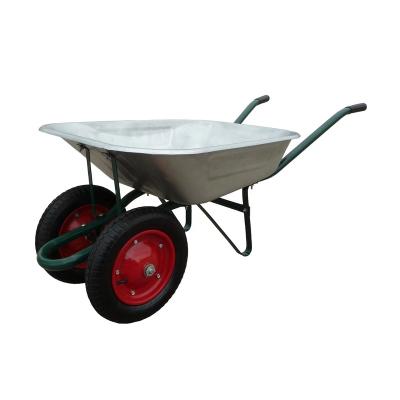 China Metal Galvanized Tray Green Handle Two Wheels Wheelbarrow for sale