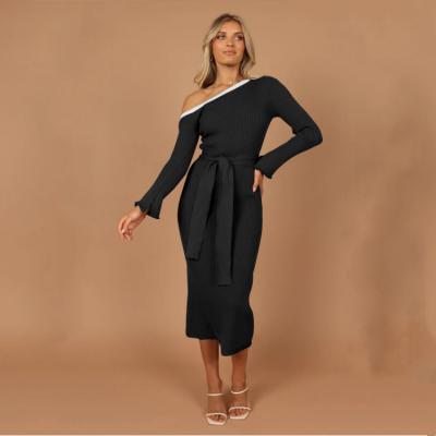 China Anti-Static Off Shoulder Dress Long Sleeves Slim Fitted Rib Knit Midi Black Dress for sale