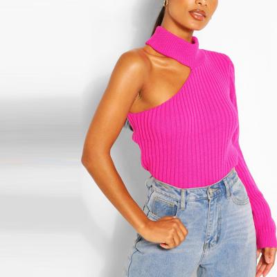 China Anti-pilling Custom Ribbed Knit Sweater High Collar Cut Out One Sleeve Asymmetric Top For Women for sale