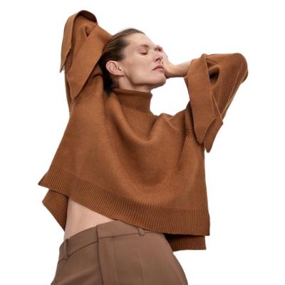 China Anti-Shrink 2023 Latest Women Turtleneck Bow-knot Sleeves Rib Knit Sweater Top for sale