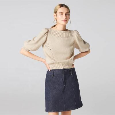 China Breathable Solid Color Sweater Eyelet Stitches Wide Shoulders Puff Sleeves Women's Cotton Blend Pullover for sale