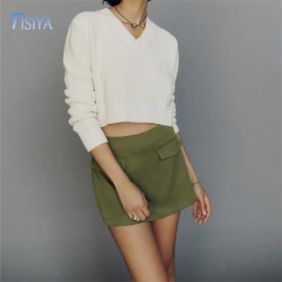 China Anti-wrinkle Custom Clothes Manufacturers Custom Organic Cotton Cropped Top Long Sleeves V Neck Knit Pullovers Sweaters for sale