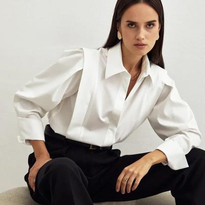 China Anti-pilling Office Blouse Shirts For Women Long Sleeves Polo Neck 100% Cotton Ladies Blouse for sale