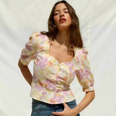 China Anti-pilling 2023 New Fashion Custom Floral Print Sweetheart Neck Puff Sleeve Linen Blend Blouse Tops for sale