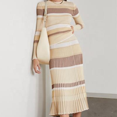 China Anti-Static Knitwear Manufacturer Custom Beige Metallic Striped Ribbed-Knit Midi Skirtskirt for sale