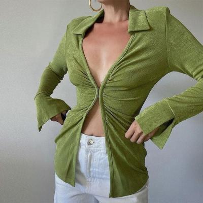 China Breathable 2023 Fast Dispatch Y2K Ruched Long Sleeve Turn Down Collar Shirts Fashion Woman Blouses Casual Green Top For Women for sale