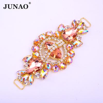 China JUNAO Flatback Flower Claw Stone Buckle Bikini Connector Rhinestone Sewing Glass Chain 55*132mm Champagne ab Strass for sale