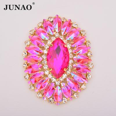 China Hot JUNAO Flatback Tour Shape 54*70mm Sew On Rhinestone Flower Claw Stone Buckle Bikini Connector Rose ab Glass Rhinestone Chain for sale