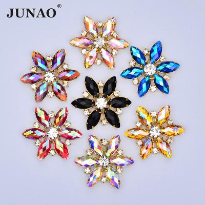 China Hot Sale 36mm Flatback JUNAO Large Size Gold Claw Rhinestone Flower Glass Applique Sew On Crystal Stones For Wedding Dress for sale