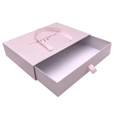 China Wholesale Disposable Cardboard Apparel Shoes Garment Lingerie Gift Packaging Box Sliding Drawer Box With Ribbon Handle for sale