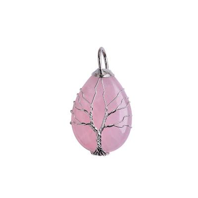 China Hot Selling Natural Vintage Rose Quartz Crystal Pendant Tree Of Life Necklace Yoga Power Stone Jewelry For Men And Women for sale