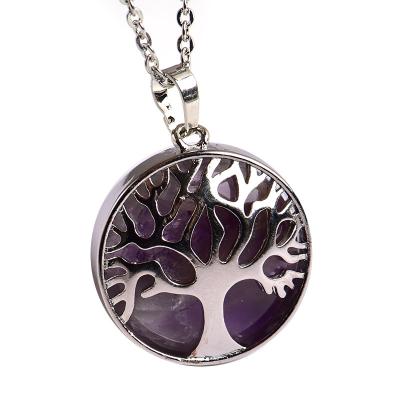 China Wholesale Vintage Amethyst Yoga Crystal Pendant Natural Zinc Alloy Stone Tree Of Life Energy Necklace For Men And Women for sale