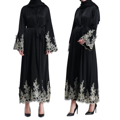 China Ladies Soild Atabic Black Breathable Muslim Long Robe Casual Open Front Kimono Robe Abaya for sale