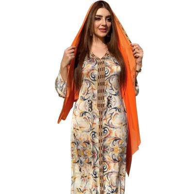 China Breathable Quick Drying New Trends Lace Up Dubai Muslim Long Sleeve Patchwork Abaya Floral Printing Muslim Clothing for sale