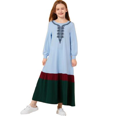 China Kids Girls Breathable Quick Dry Sky Blue Quilting Knitted Contrast Embroidered Dubai Long Wrap Arab Muslim Casual Dress for sale