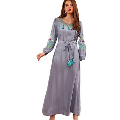 China Light Blue Embroidered Fringed Swap Dress Breathable Abaya Muslim Arabic Indonesian Pakistani Middle East Belt for sale