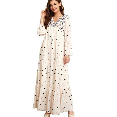 China Muslim Abaya Middle East Prayer Dress V-Neck Polka Dot Print Long Dress Long Sleeve Breathable Plus Size Women's Muslim Abaya for sale