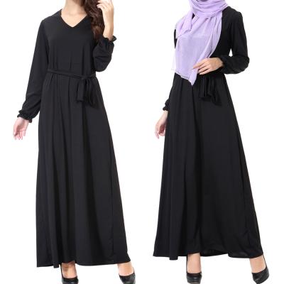 China Breathable abaya for kimono color soild long women muslim kaftan dress muslim elegant v neck long robe with belt for sale