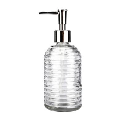 China Clear 400ml Round Shape Glass Recyclable Bottle With Sprayer Pump For Liquid Soap for sale