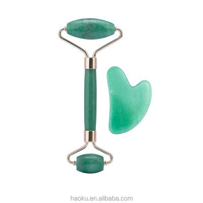 China Green Jade Dual Head Double Head Facial Massager Face-lifting Meridian Roller Gua Sha Massage Tool Kit Jade Roller for sale