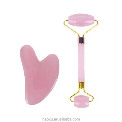 China Hot Selling Double Head Gua Sha Massage Set Crystal Stone Pink Rose Quartz Face Jade Roller With Natural Stone for sale