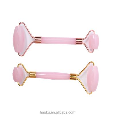 China OEM Fresh Face Rose Quartz Facial Jade Roller Crystal Guasha Stone Board Massage Kit Shoulder Double Head Natural Rose for sale