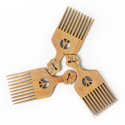 China Domestic Factory Price Customized Logo Natural Bamboo Wide Tooth Comb Detangler Fist Afro Hair Pick Comb for sale