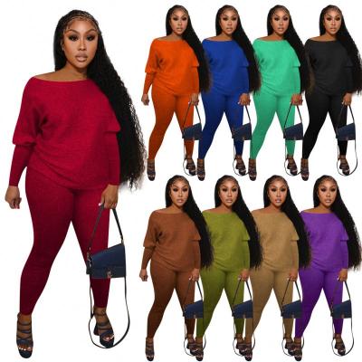 China Breathable yiyuansen hot sale ladies solid color off the shoulder equipment loungewear two-piece set fall matching clothes for women 2021 for sale