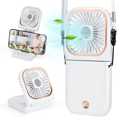 China Quick Support 2021 High Quality Foldable USB Charging Charging Mini Power Bank 3000mah Hanging Neck Fan Mobile Phone Holder for sale