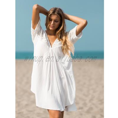 China Summer V Neck Anti-Static Rayon Lace White Beach Bikini Cover Up for sale