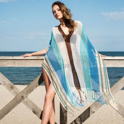 China WINUP Anti-Static Hollow Knitted Tassel Shawl Vacation Summer Beach Cover Up for sale